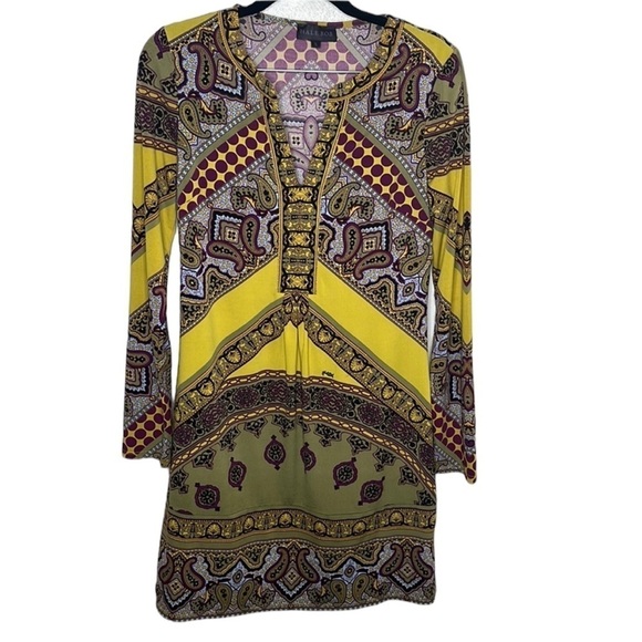 Hale Bob Bright Paisley Pattern Gold Long Sleeve Dress Sz S SPOT - Picture 1 of 6